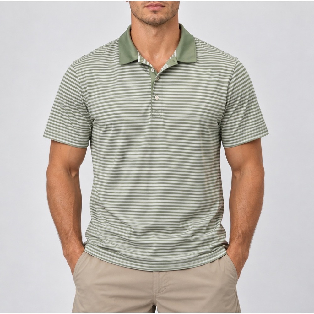 Greg Norman Polo Shirt XL Green Good Striped Play Dry Moisture Wicking Golf